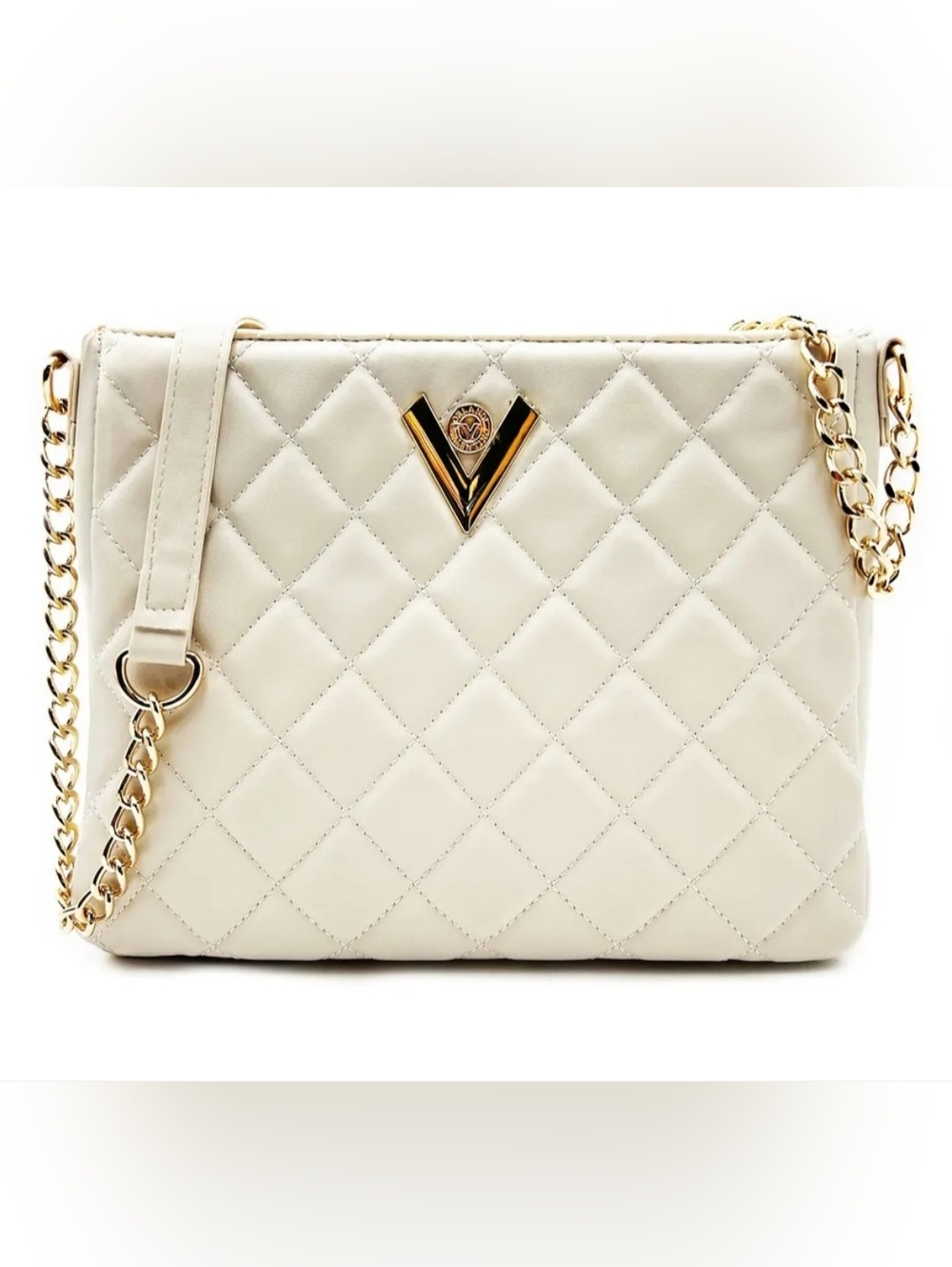 Valentino Orlandi Cream Quilted Crossbody with Gold V Emblem